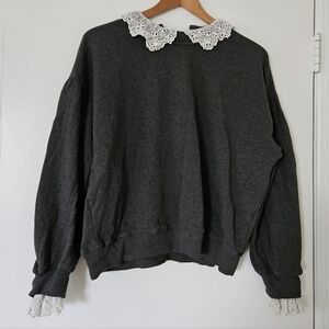 J Crew Sweatshirt L Peter Pan Collar Lace Preppy Ivy League Crew Neck Boxy Terry